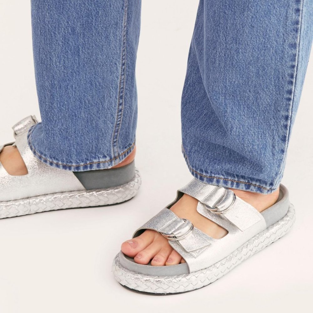 Free People Panama Silver Slide On Footbed Sandals Shoes